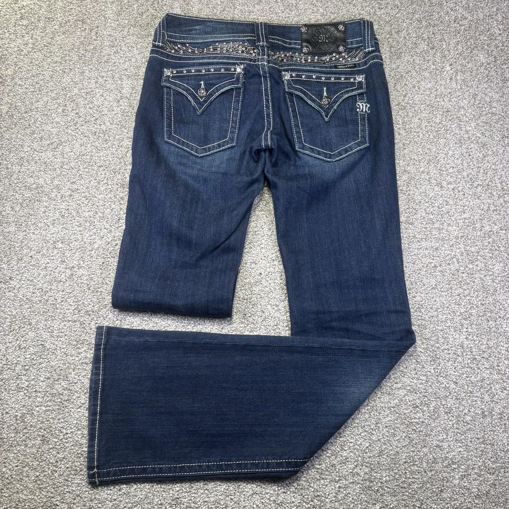Miss Me Bootcut Jeans Womens 29 Blue Dark Wash Low Rise Rhinestone Studded 32x34